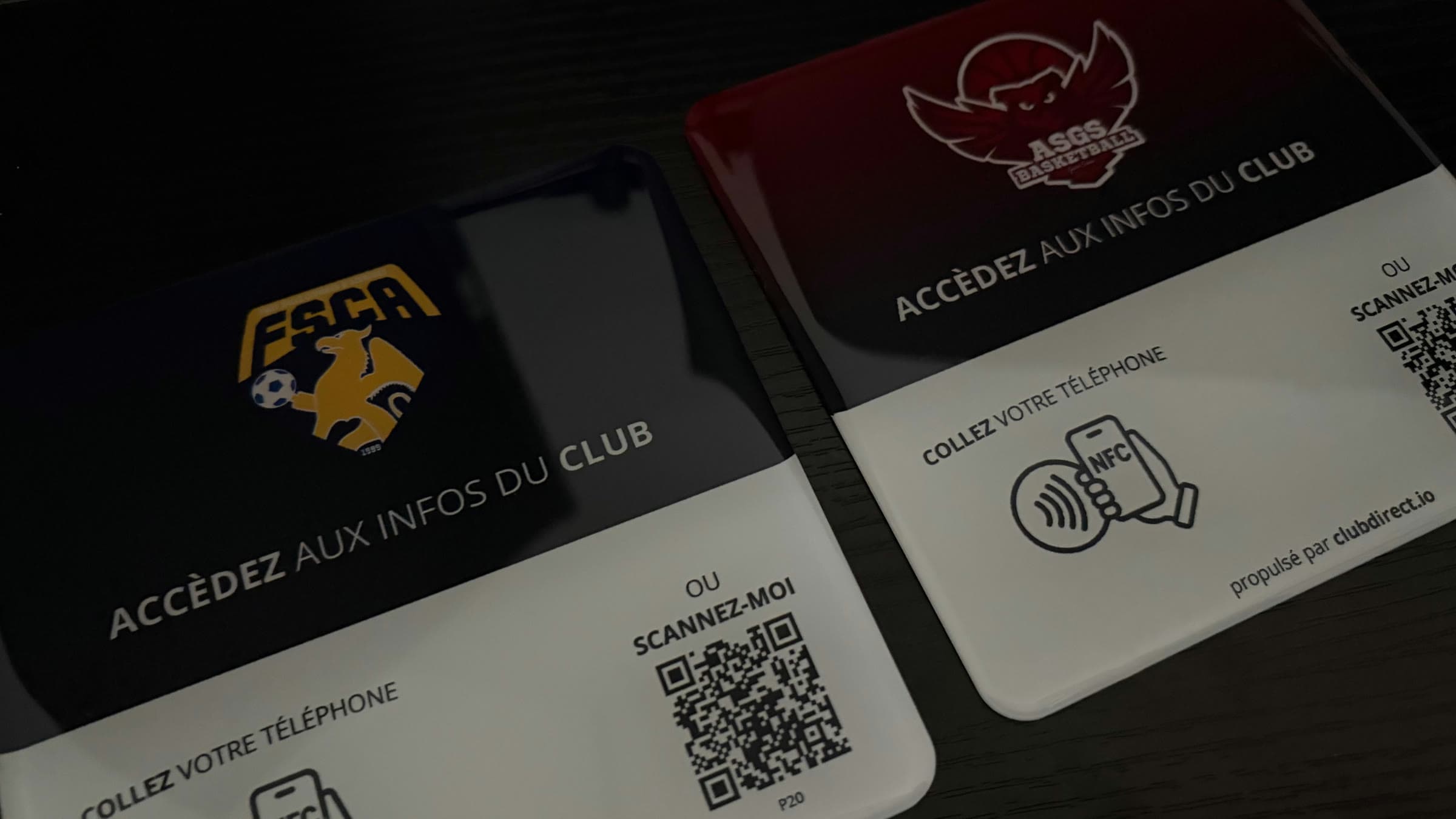 Deux plaques Clubdirect imprimées aux couleurs d'un club de football et d'un club de basket, posées côte à côte