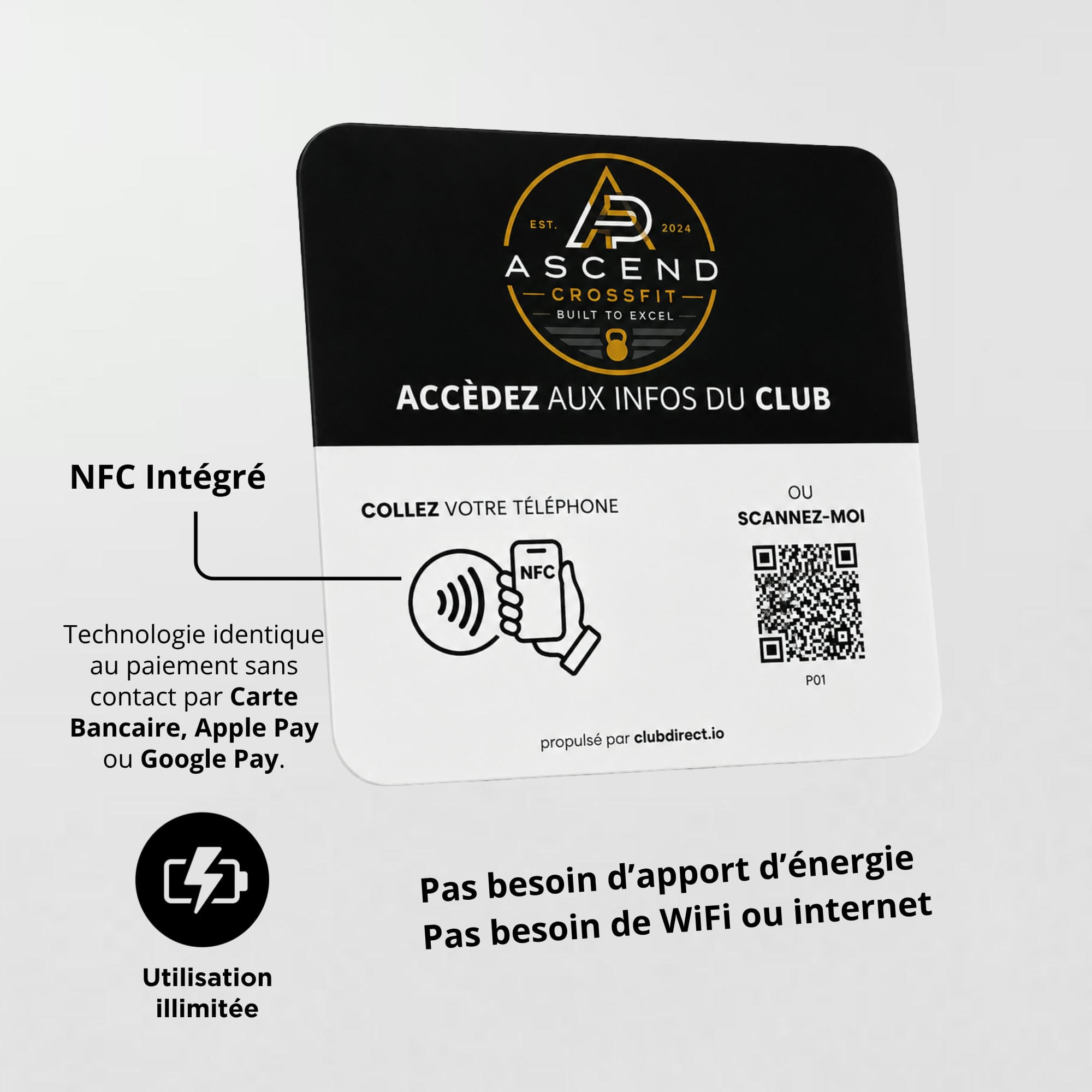 Puce NFC intégrée, la même technologie que le paiement sans contact — sans pile, sans wifi, utilisation illimitée